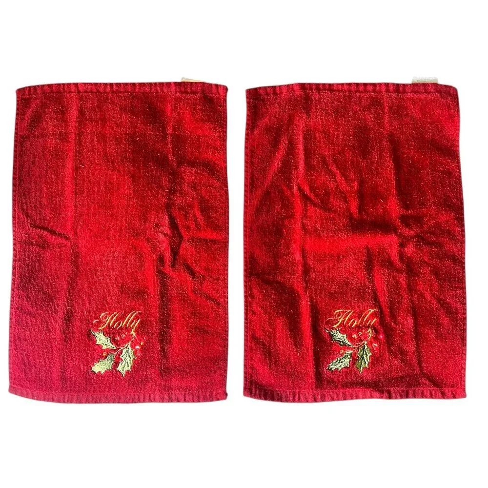 Set Of 2 Red Christmas Hand Towels With Embroidered Holly Leaves & Berries 15.5”